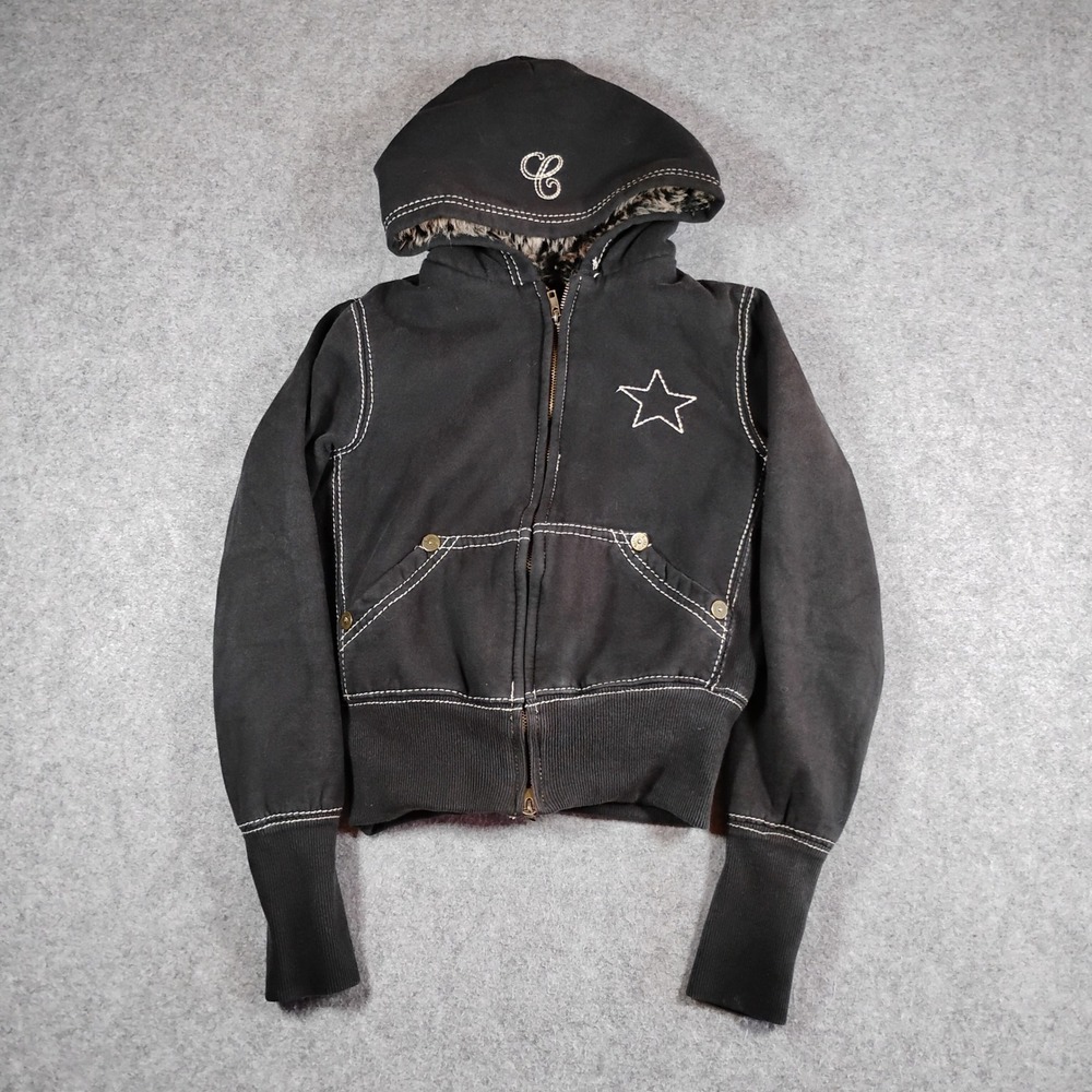 Cello Quality Jeans Black Faux Fur Lined Star Zip Up Hoodie Small Y2K
